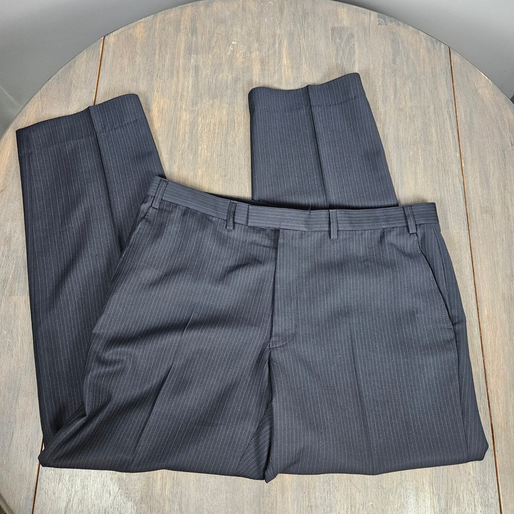 Marks & Spencer Mens 38x31 Wool Blend Dress‎ Pants Flat Front Navy Pinstripe